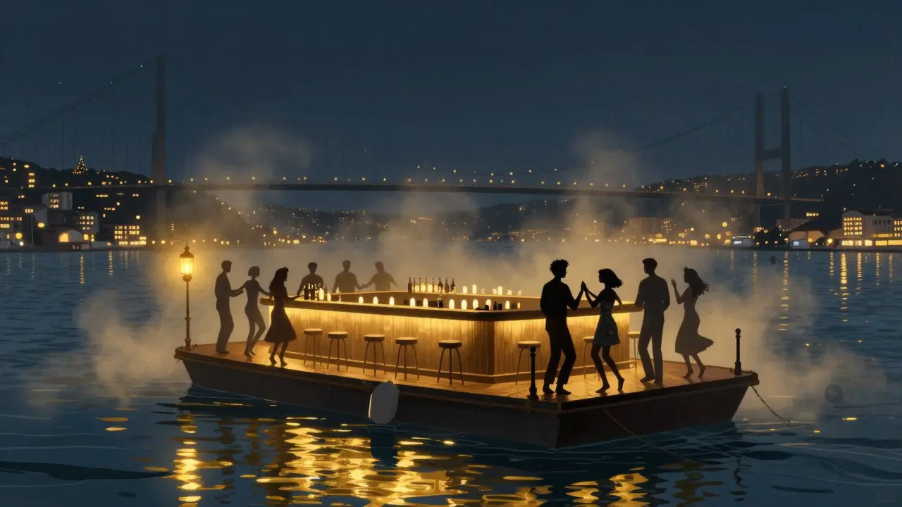 Floating bar on the Bosphorus at midnight, city lights reflecting on water under a starry sky.