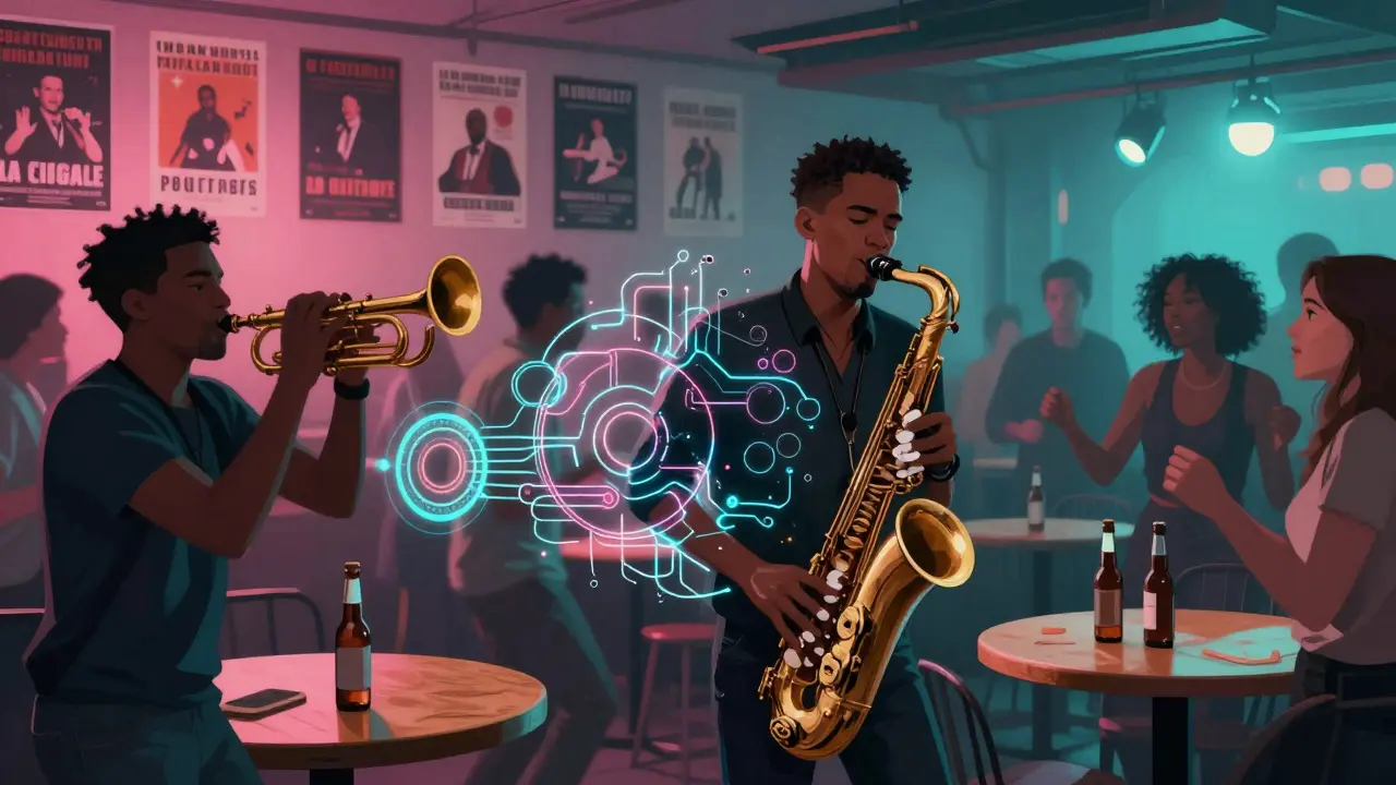 Genre-blending music venue with jazz horns merging into electronic light.