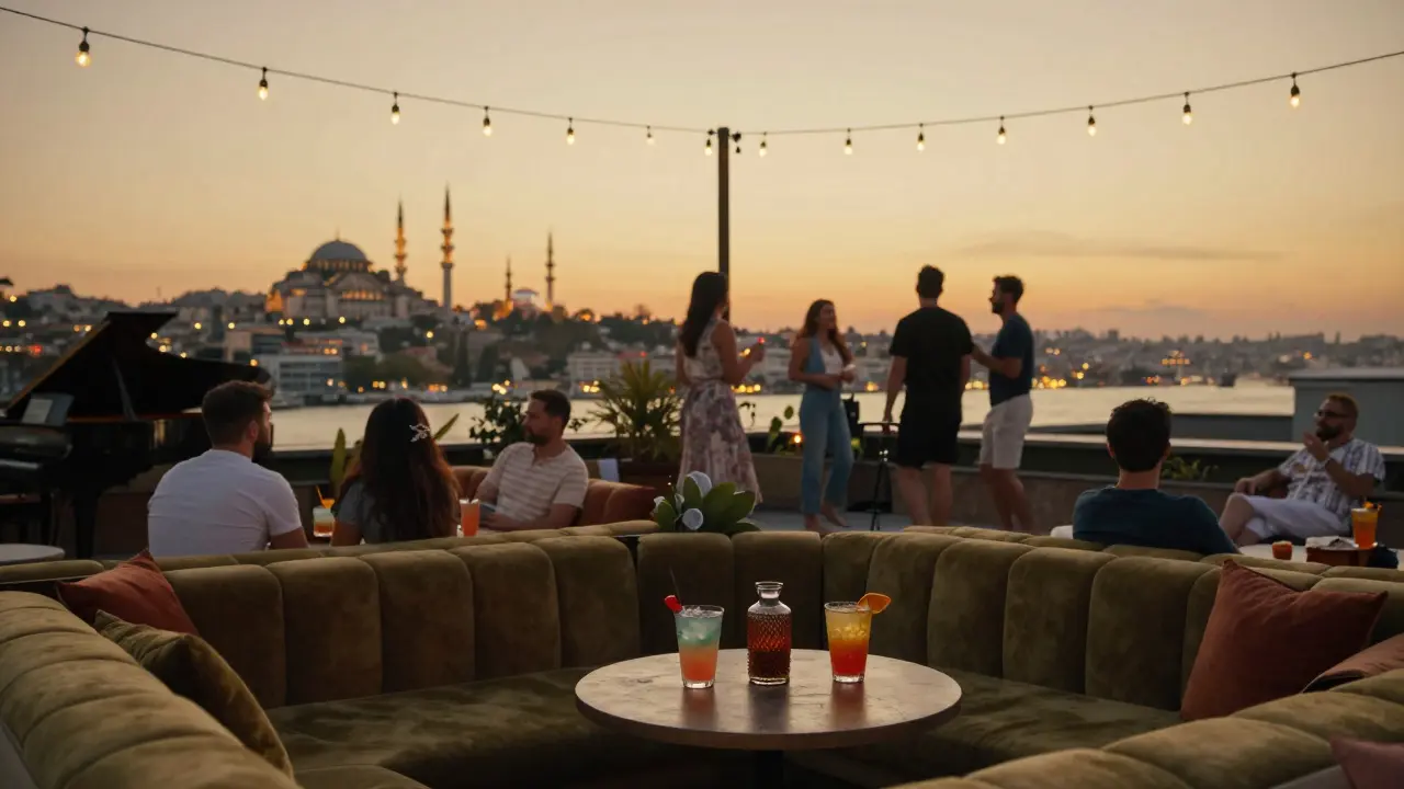 Guests relaxing on a rooftop terrace at sunset with Istanbul skyline in the background.