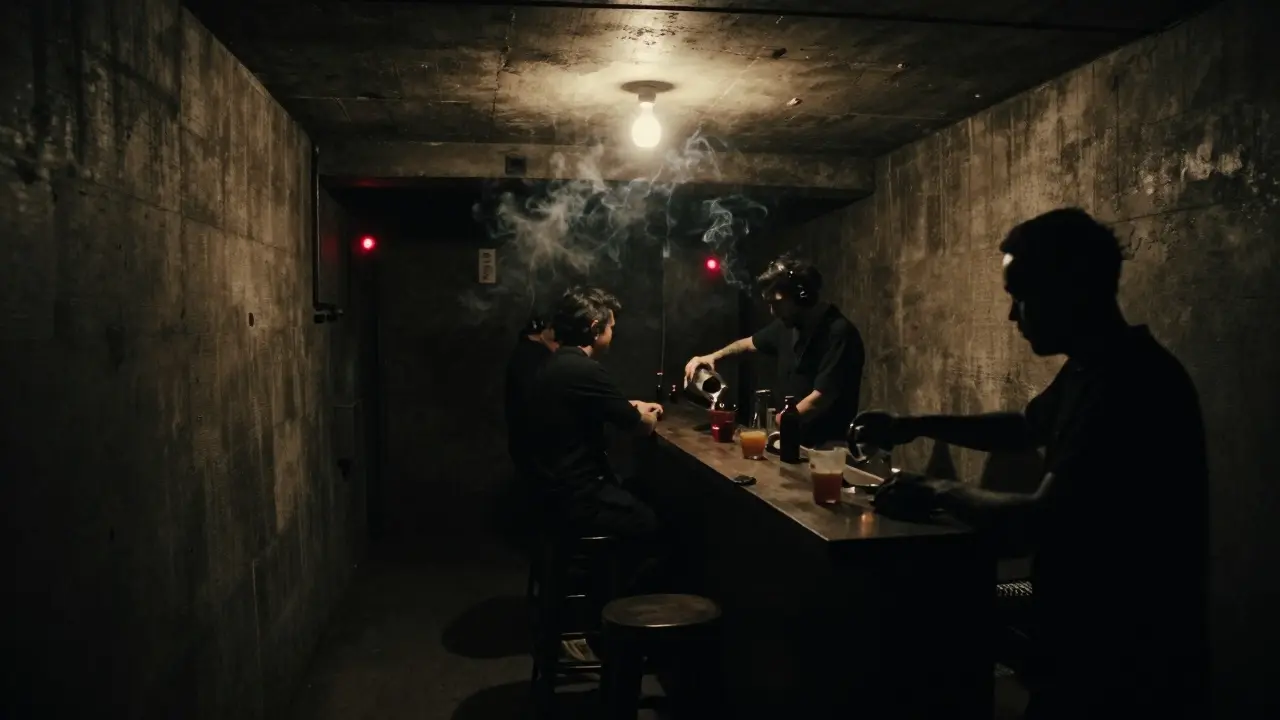 Hidden basement club with dim lighting, silhouetted patrons, and industrial ambiance.