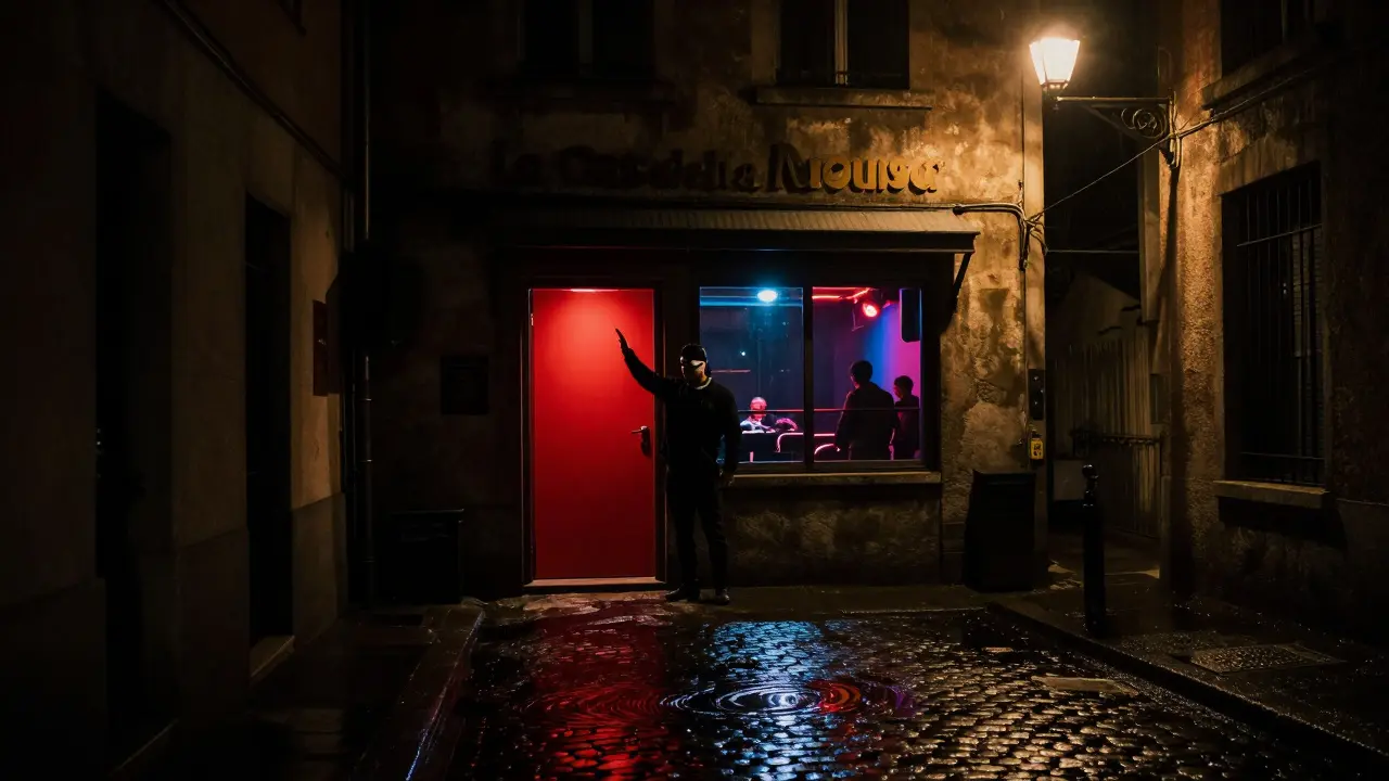 Hidden red door in a dark alley leading to an underground club with bass vibrations.