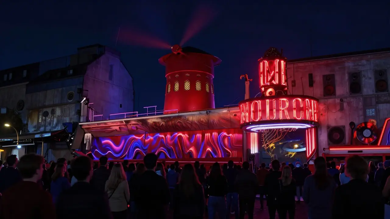 Industrial electro venue with pulsing light waves and silent, immersed crowd.