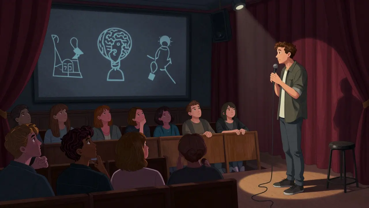 Intimate Soho Theatre performance with a solo comedian under a spotlight and thoughtful audience.