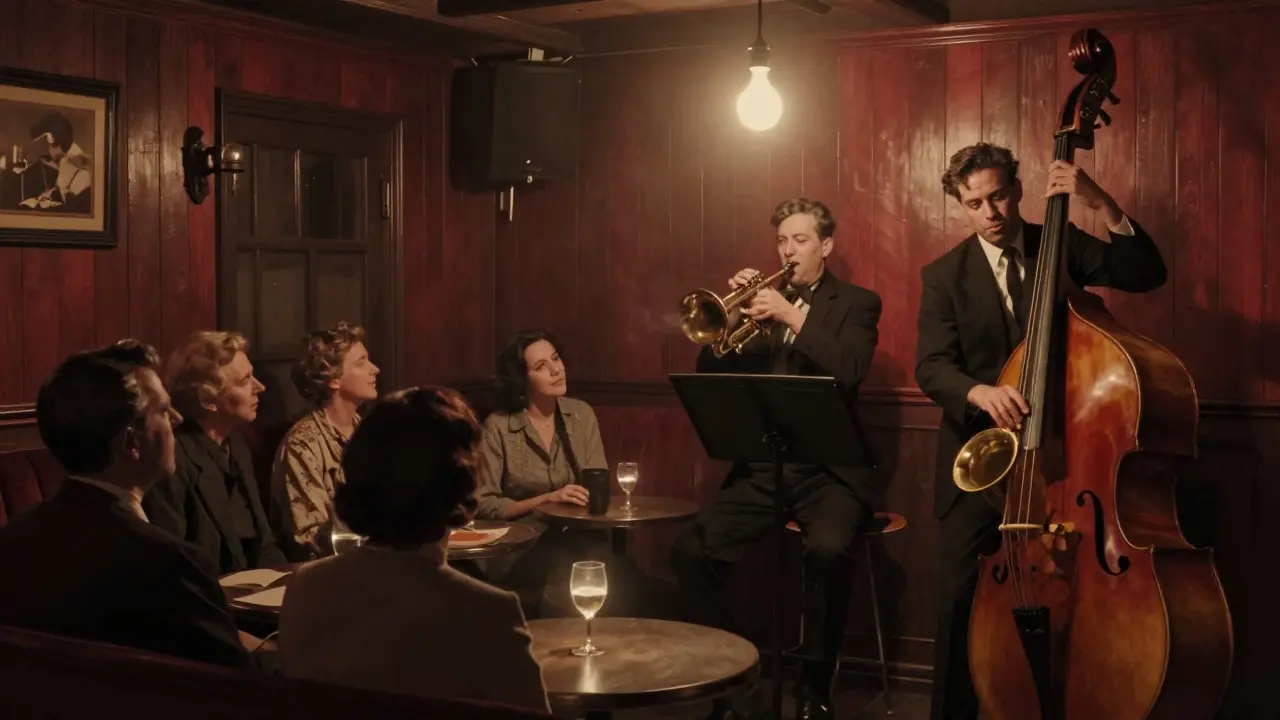 Jazz musicians performing in a smoky Parisian cellar, audience listening intently in dim light.