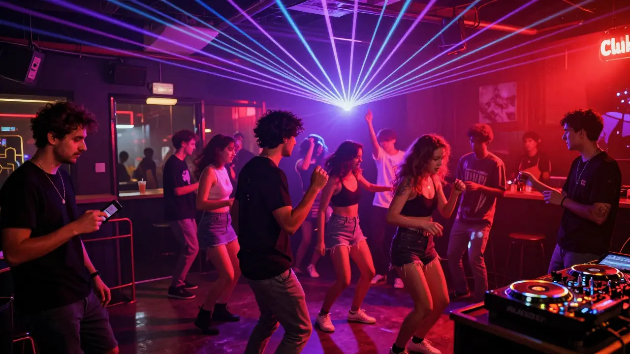 Lively nightclub with dancers under colorful laser lights and a bouncer at the entrance.