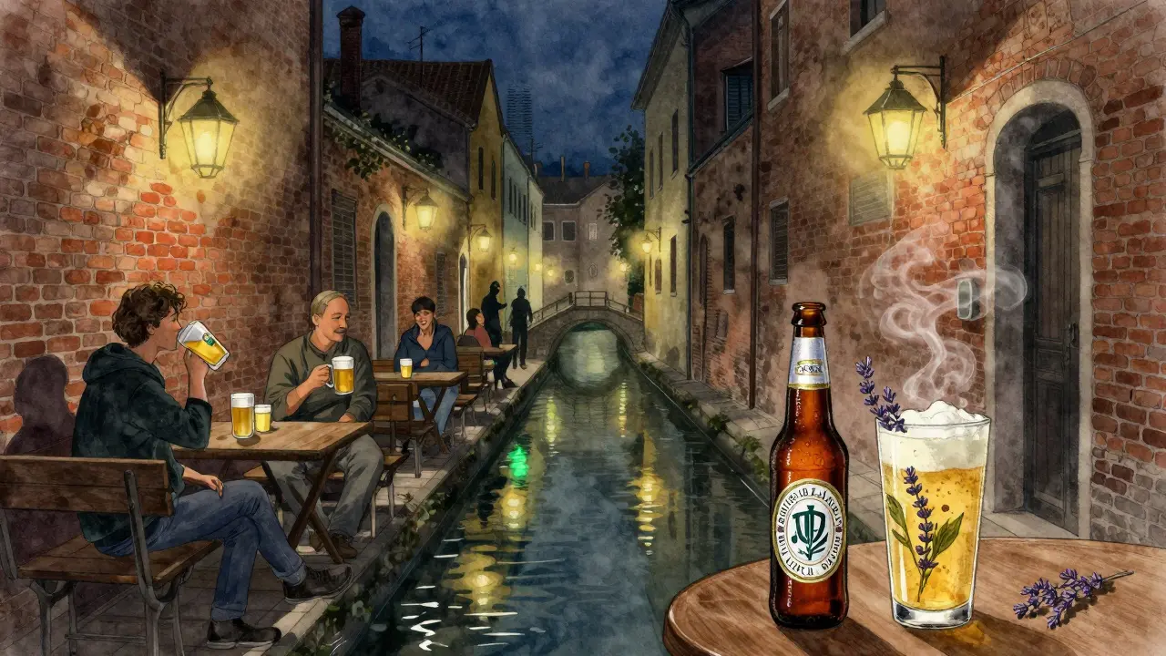 Locals sipping craft beer on wooden benches beside a quiet canal in Navigli, lanterns reflecting on the water.