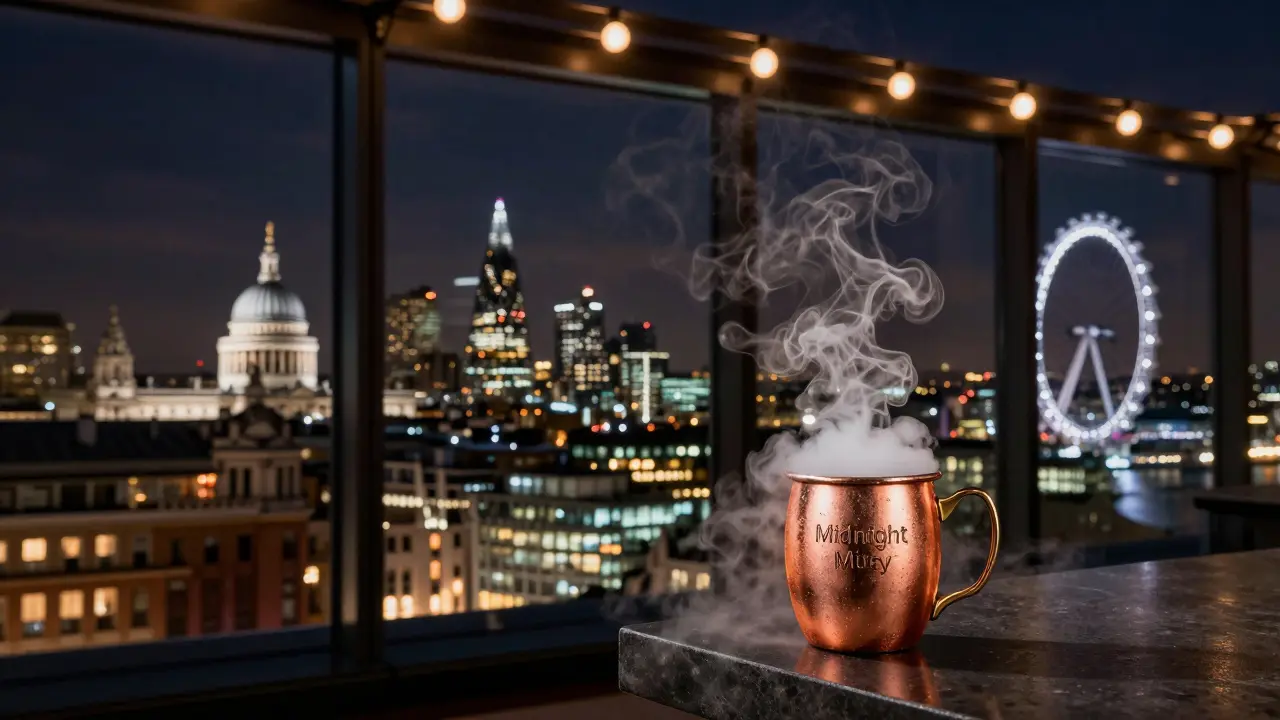 London skyline at night from The Rooftop at The Standard with smoky cocktail.