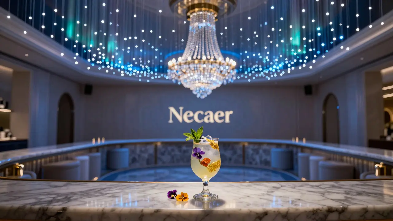 Luxurious bar with LED ceiling mimicking auroras and crystal chandeliers.