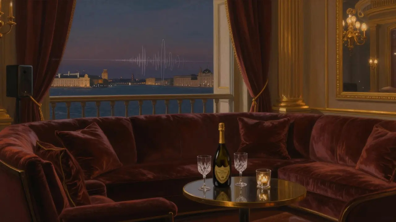 Luxurious VIP lounge at Le Roi Soleil with velvet sofas, harbor view, and champagne on a balcony.