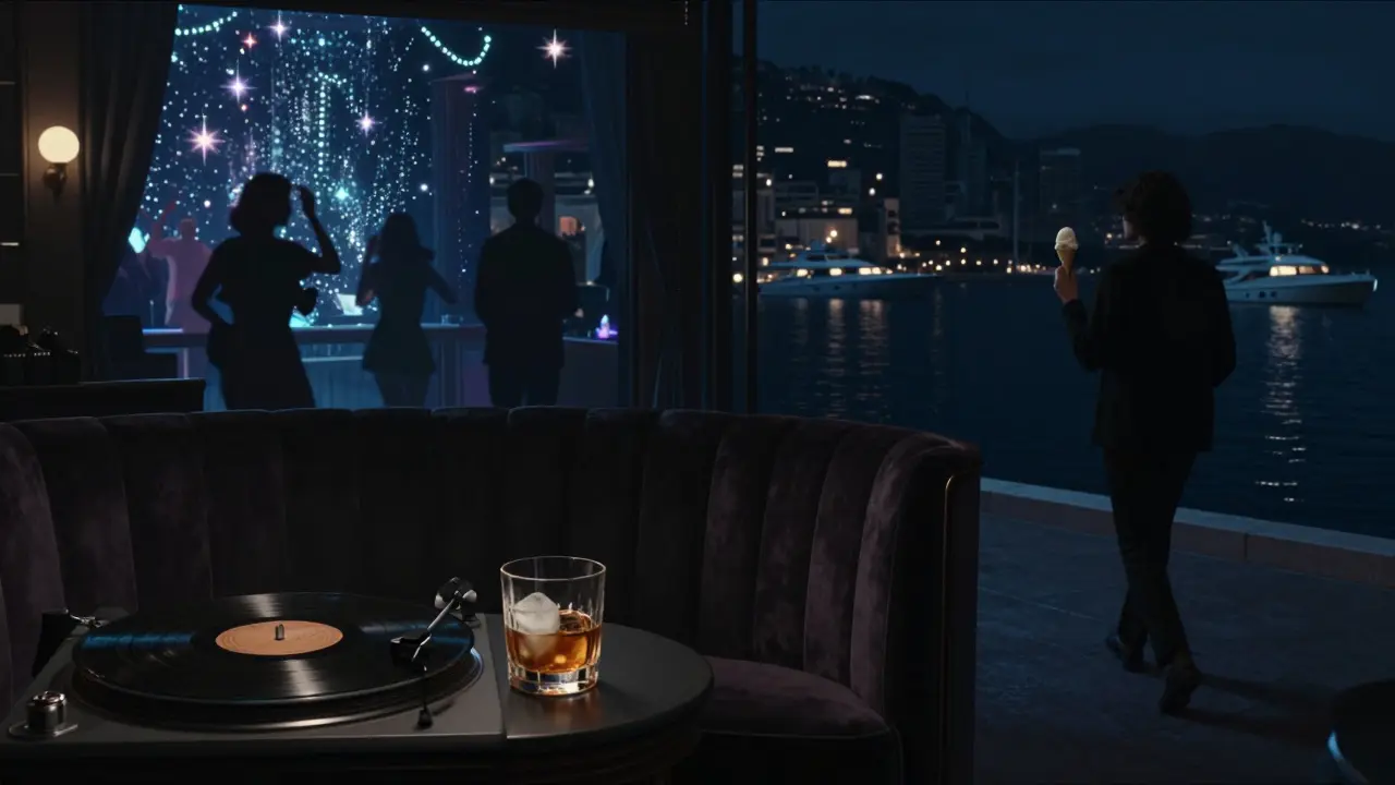Nightlife journey from club to quiet harbor walk, gelato in hand, yachts glowing.