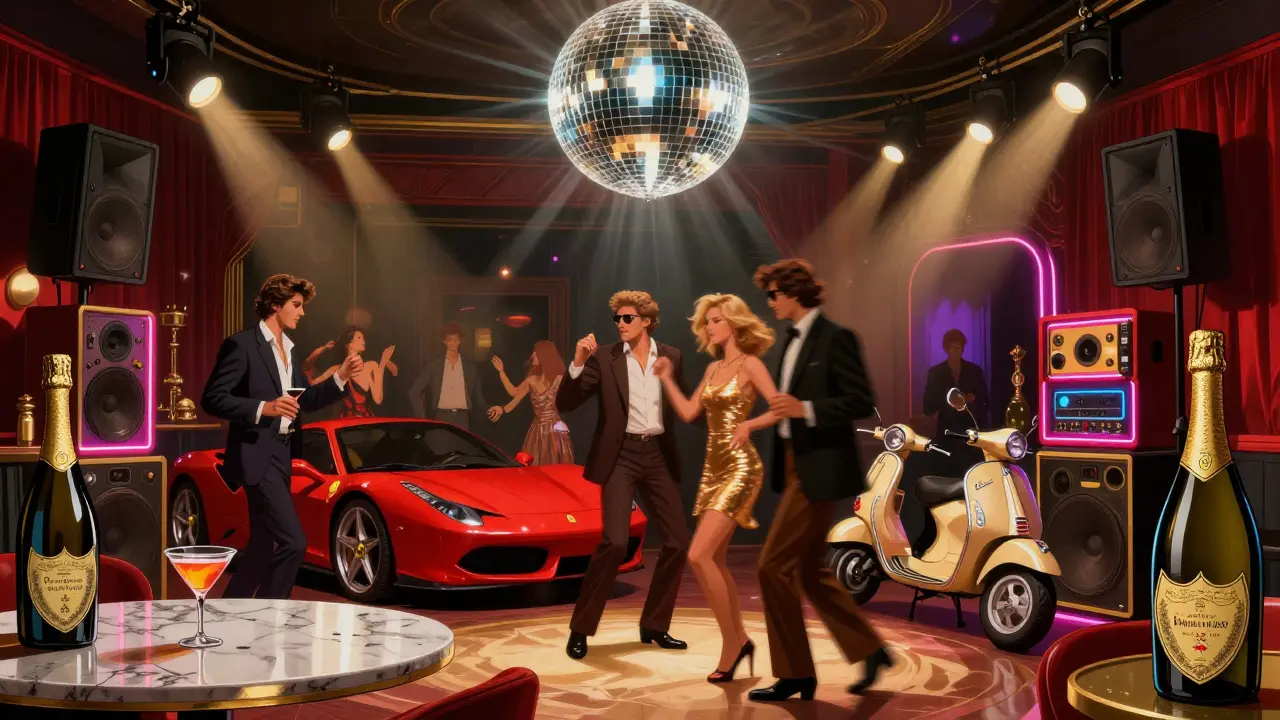 People dancing on a marble table in a glamorous club with disco lights and luxury cars nearby.