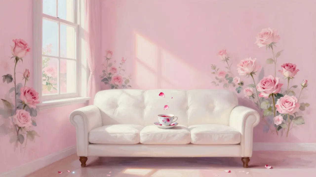 Pink floral walls and glowing teacup in Sketch's iconic Instagram room.