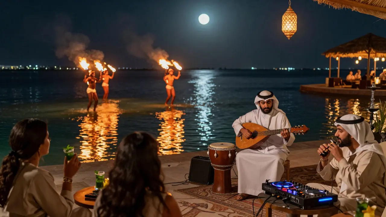 Private island venue with fire dancers, lanterns, and a blend of traditional oud music and electronic beats.