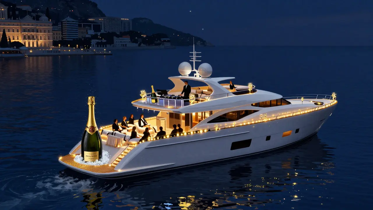 Private superyacht party at sea with golden lights, champagne, and silhouetted guests under a starry sky.