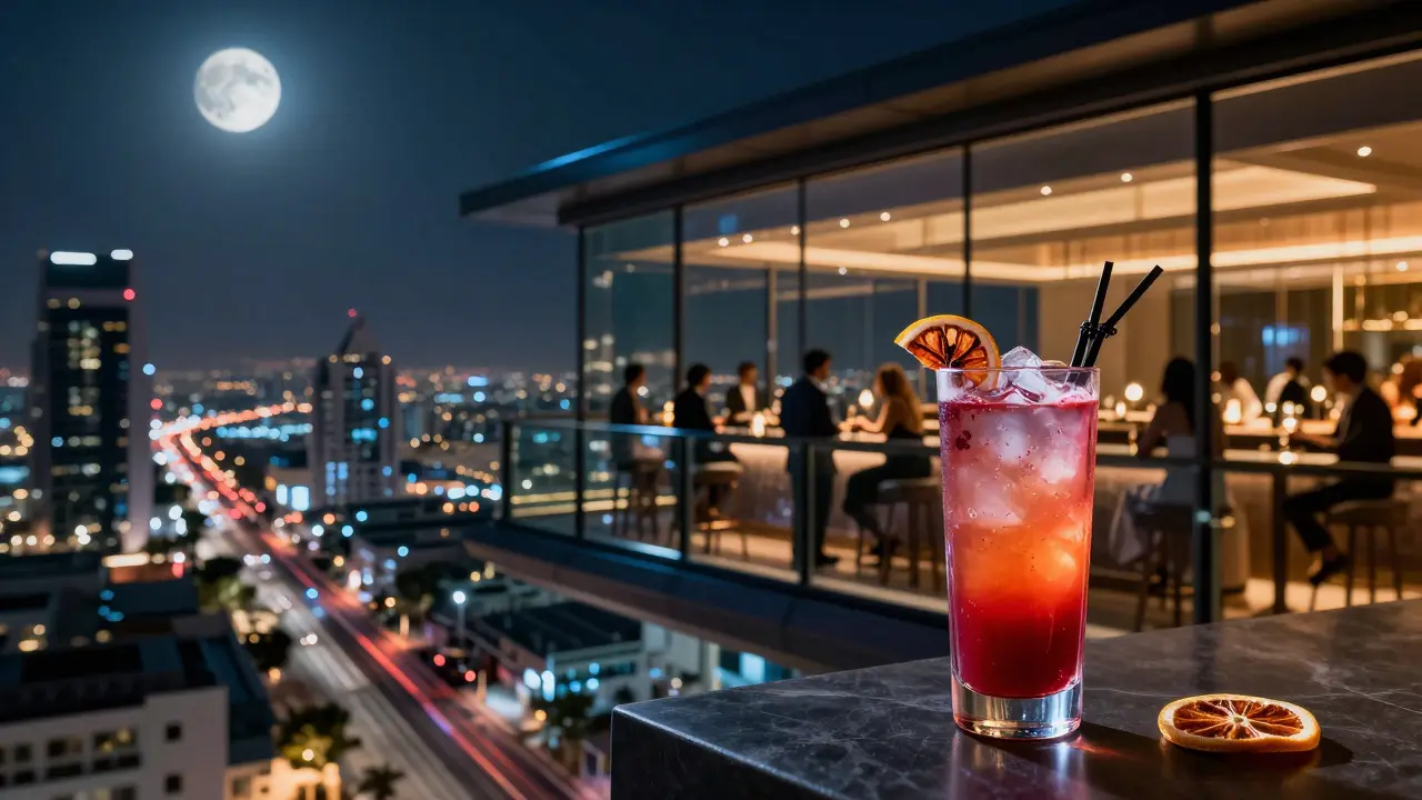 Rooftop bar floating above Abu Dhabi’s glowing skyline with elegant guests