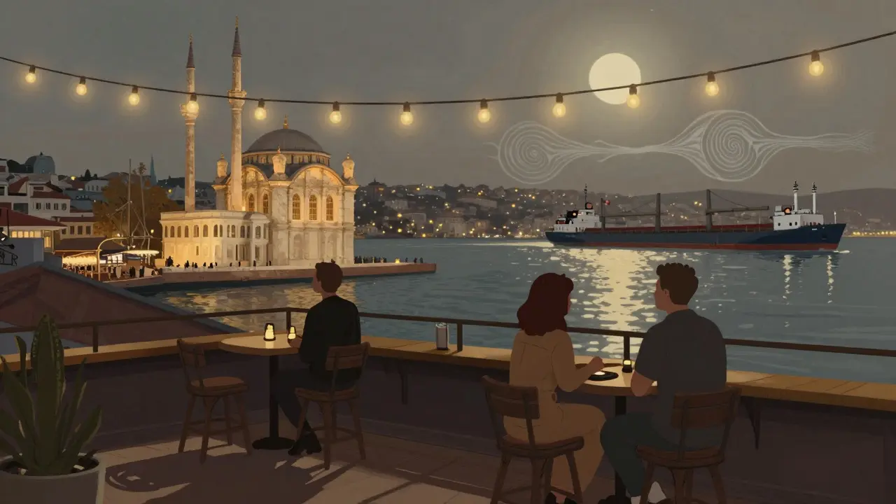 Rooftop bar in Beşiktaş with views of the Bosphorus and Ortaköy Mosque under string lights.