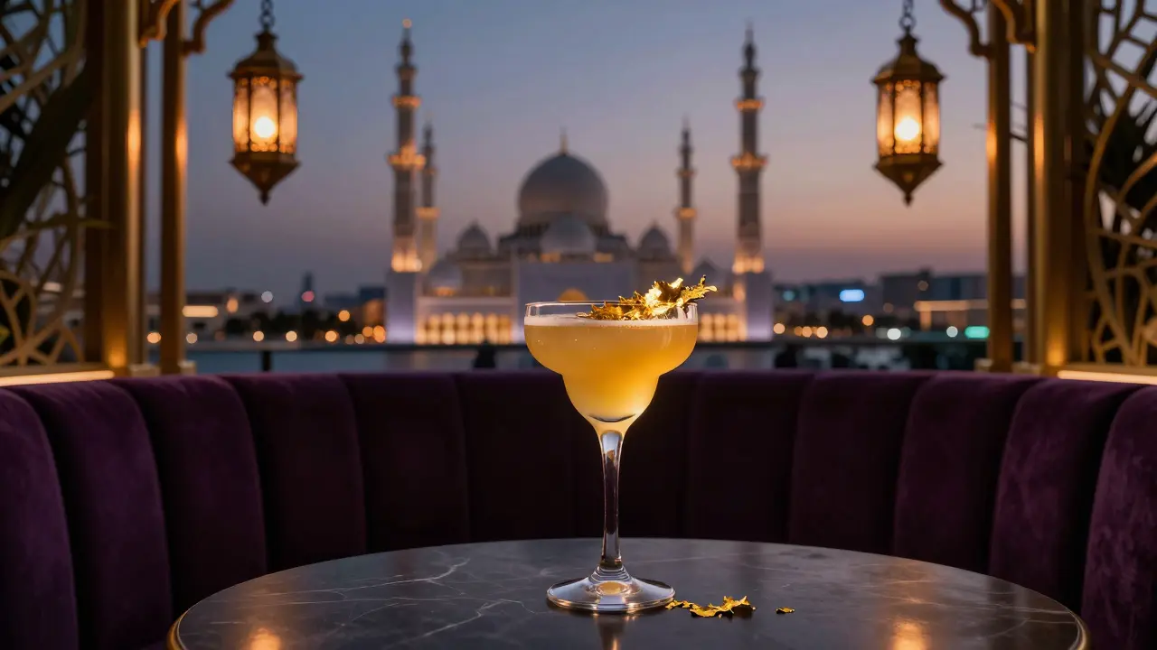 Rooftop cocktail with gold-rimmed glass, glowing city skyline in background.
