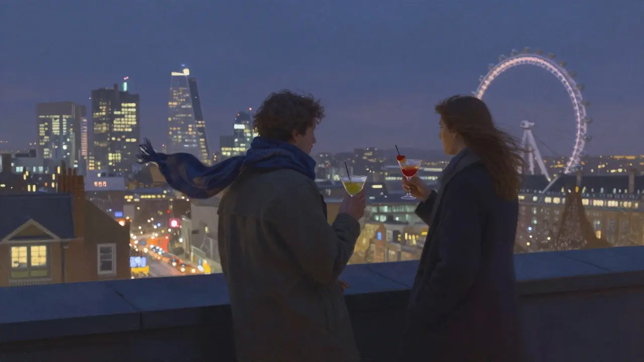 Silhouettes on a rooftop terrace at night, sharing a moment with a city skyline glowing behind them.