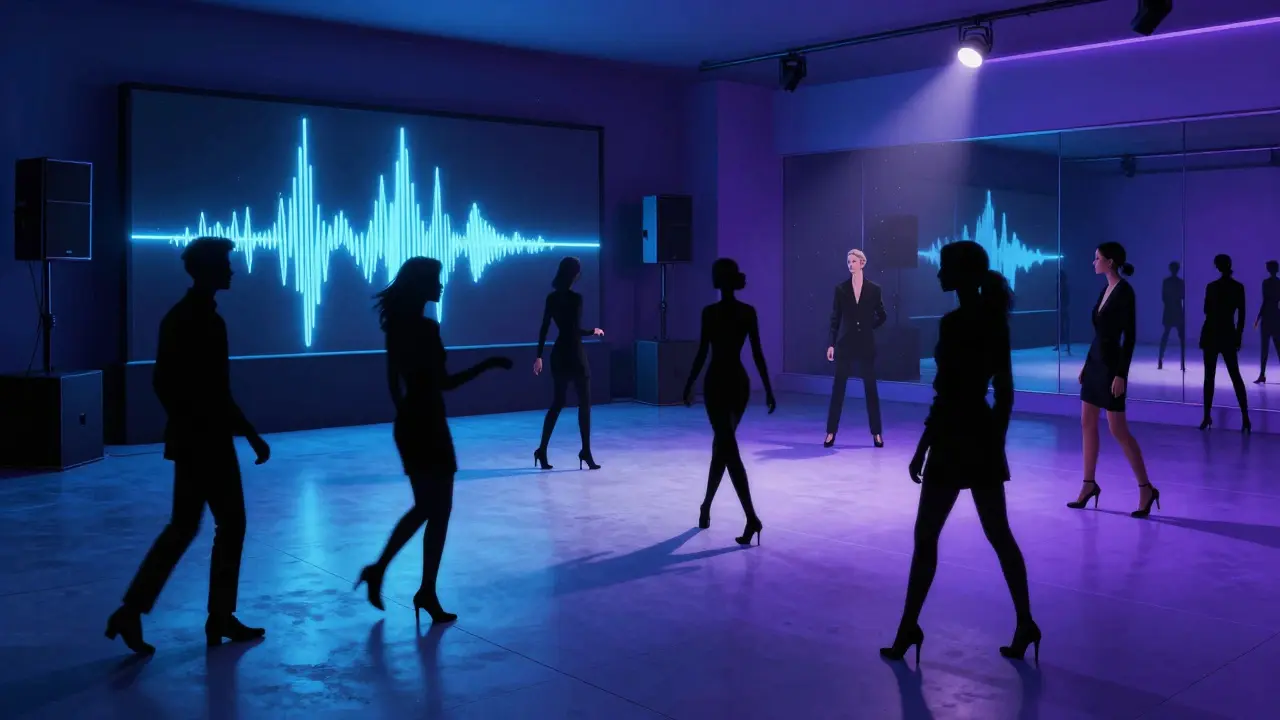 Sleek nightclub with stylish crowd dancing under cool LED lights to techno music.