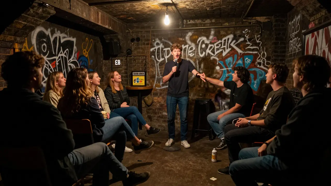 Small underground comedy venue with performer and close-knit audience under a single hanging bulb.