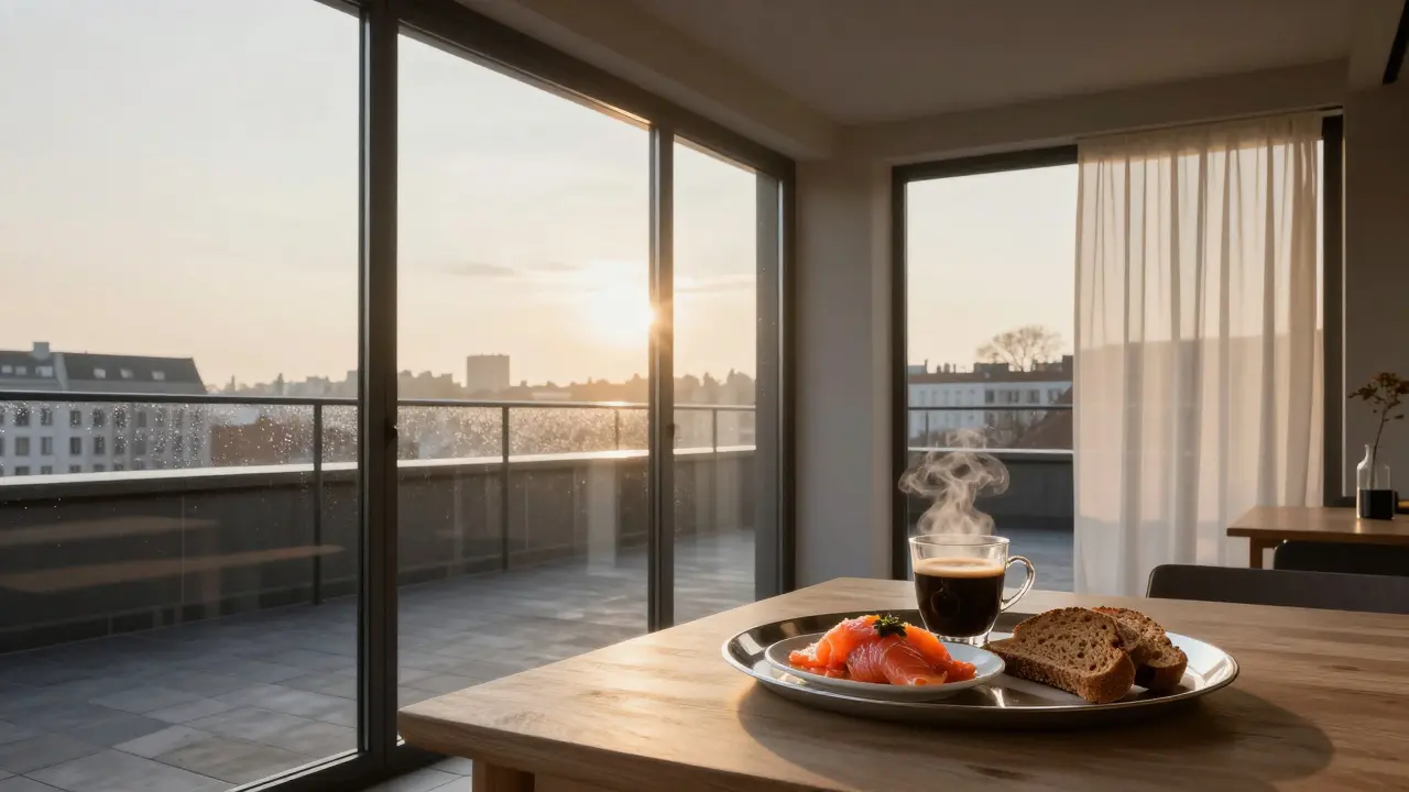 Sunrise on a minimalist rooftop terrace with breakfast tray and city view below.