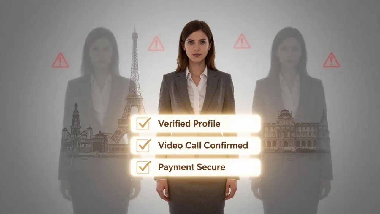 Three professional silhouettes behind a safety checklist, with Paris landmarks and warning symbols fading away.