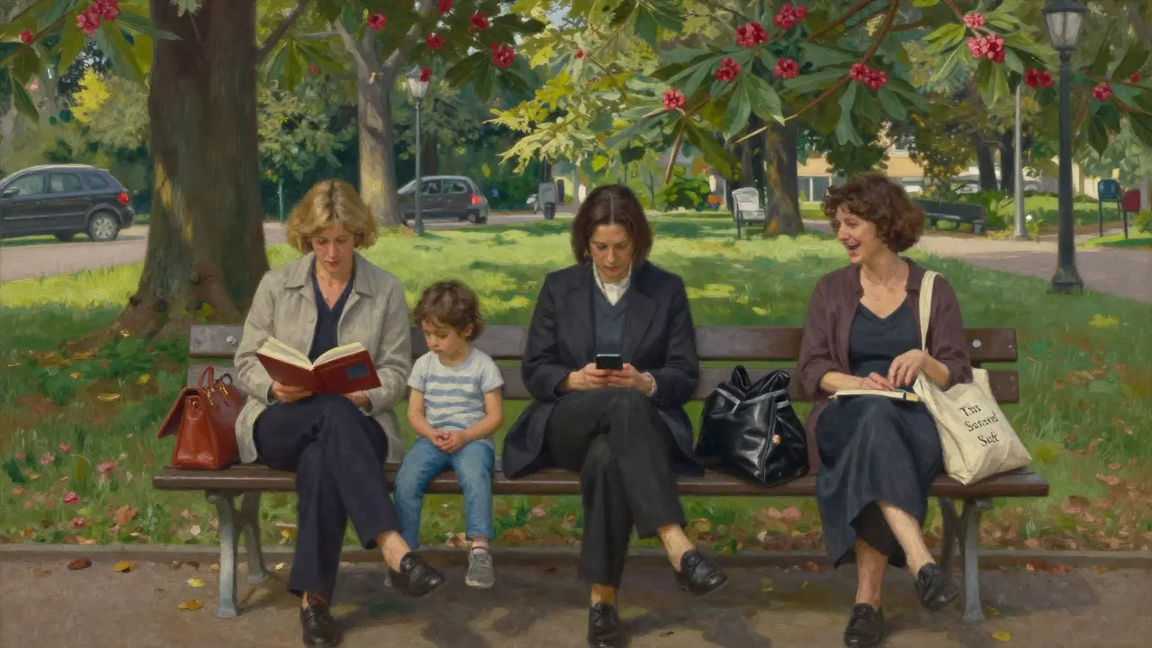 Three women relax in a Milan park on Sunday, one reading to a child, others quietly present, ordinary and serene.