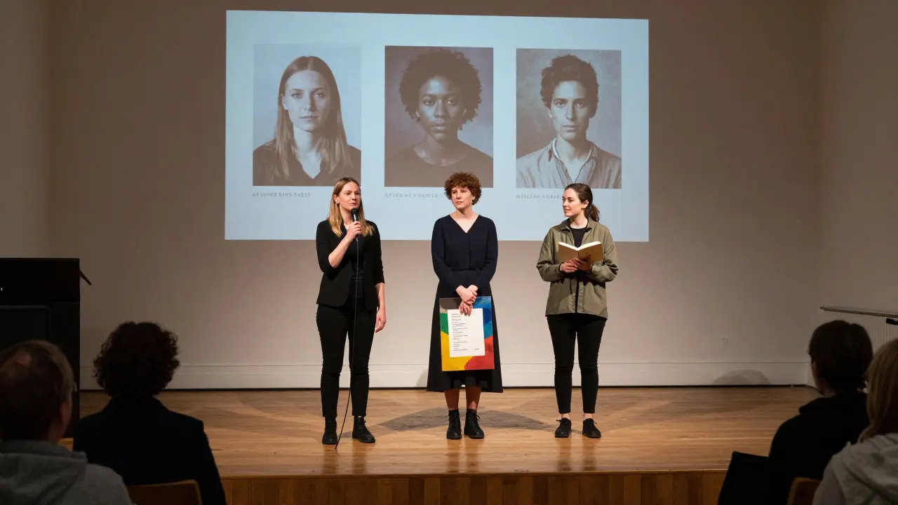 Three women stand on a stage in a church, holding art and poetry, as a quiet audience listens in the dim light.