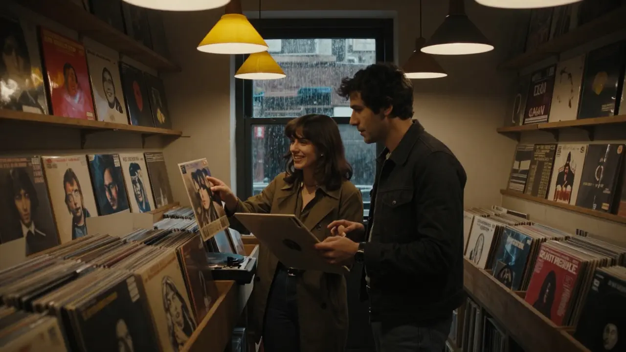 Two people browsing vintage records in a dimly lit Soho basement shop, surrounded by music albums.
