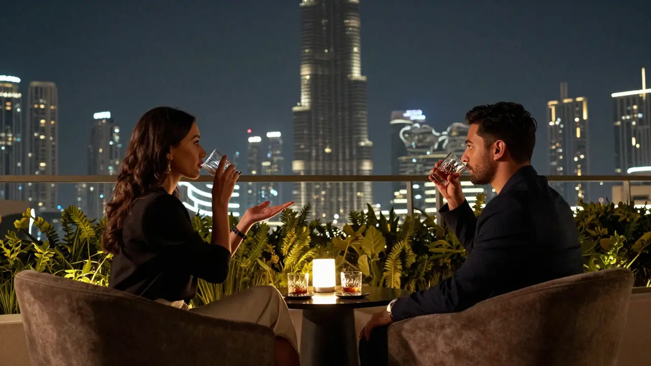 Two people enjoy quiet whiskey drinks on a secluded rooftop lounge, overlooking Dubai's illuminated skyline.