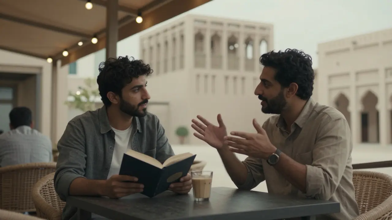Two people having a quiet, respectful conversation at an outdoor café near Louvre Abu Dhabi.