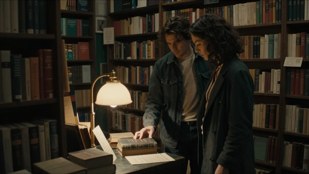Two people in Shakespeare and Company bookstore placing a book with a note at midnight.
