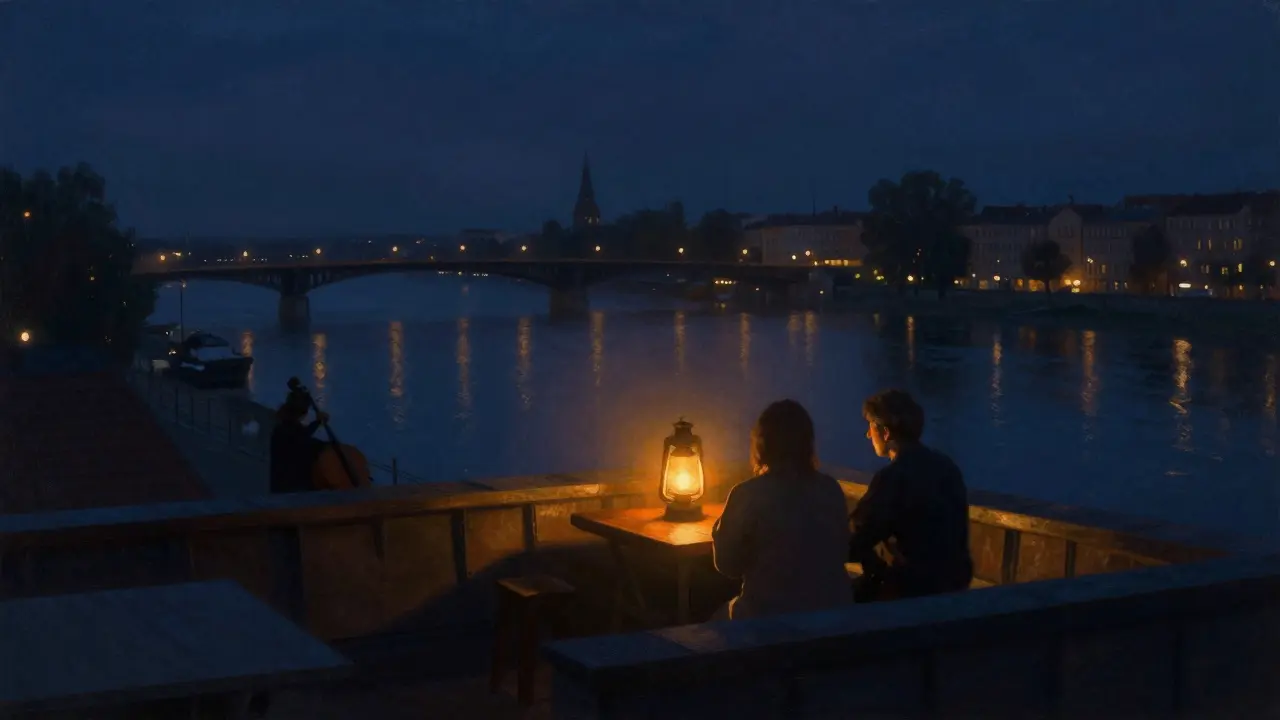 Two people in silence at a hidden rooftop bar, cello music drifting over the Spree River.