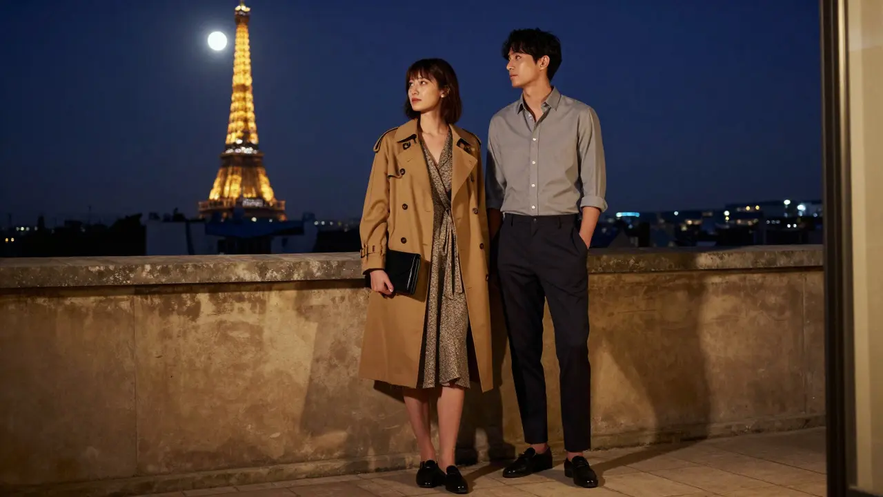 Two people on a Paris rooftop at night wear elegant, minimalist outfits with the Eiffel Tower glowing behind them.