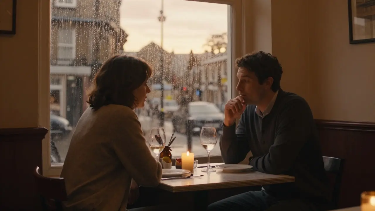 Two people share a quiet dinner in a cozy Italian restaurant, candlelight reflecting in their eyes.