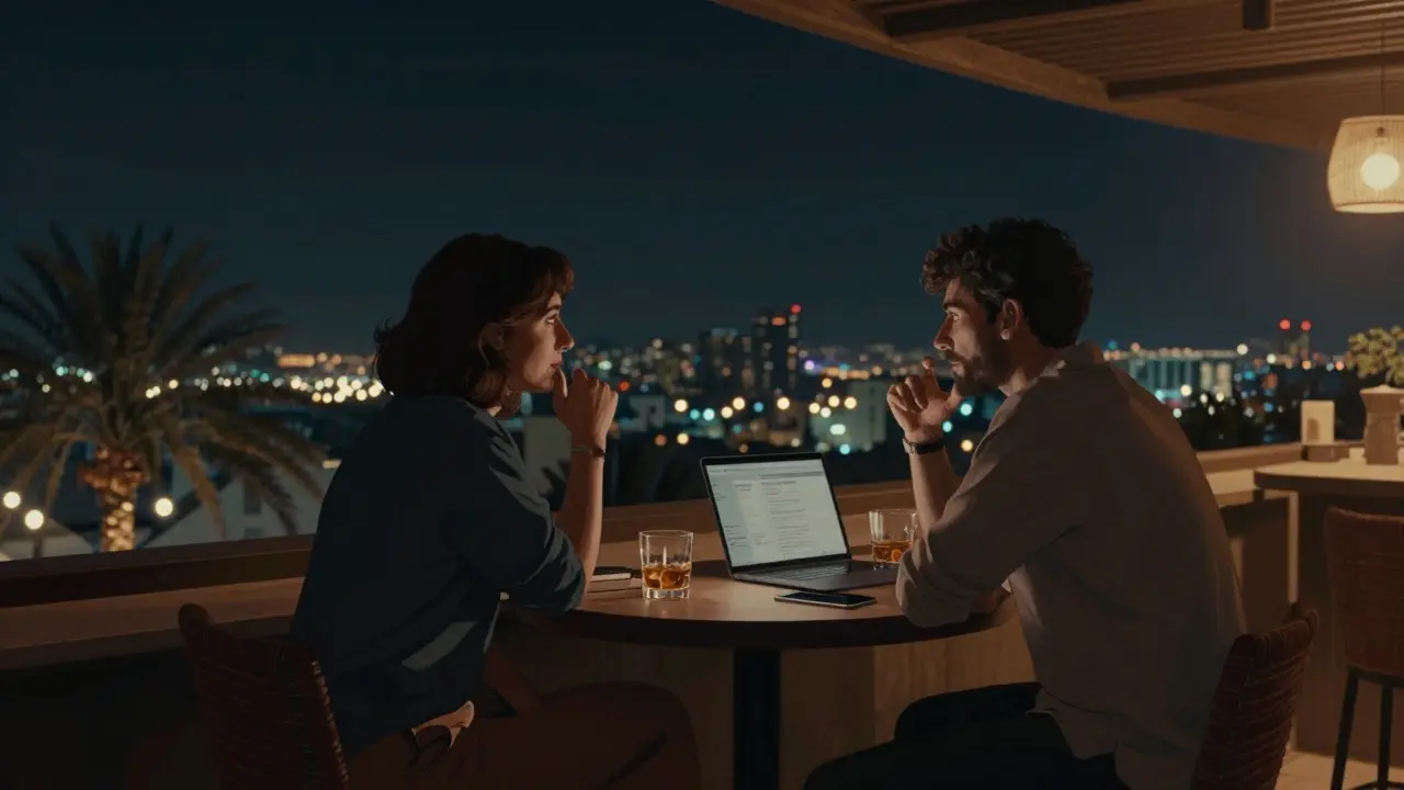 Two people share a quiet moment at a rooftop bar in Abu Dhabi, soft lights and city views creating an intimate nighttime atmosphere.