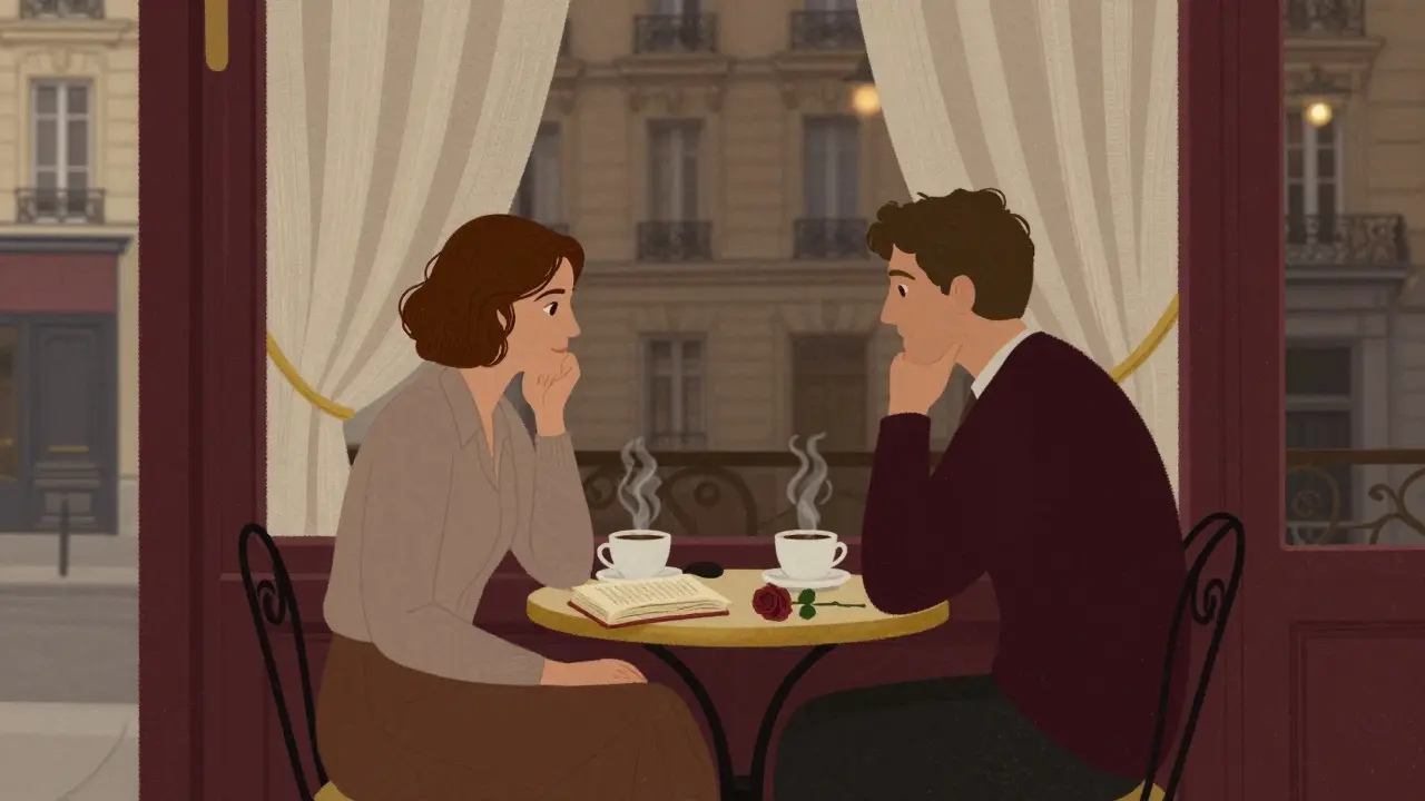 Two people sit quietly in a Saint-Germain café, coffee steaming between them at twilight.