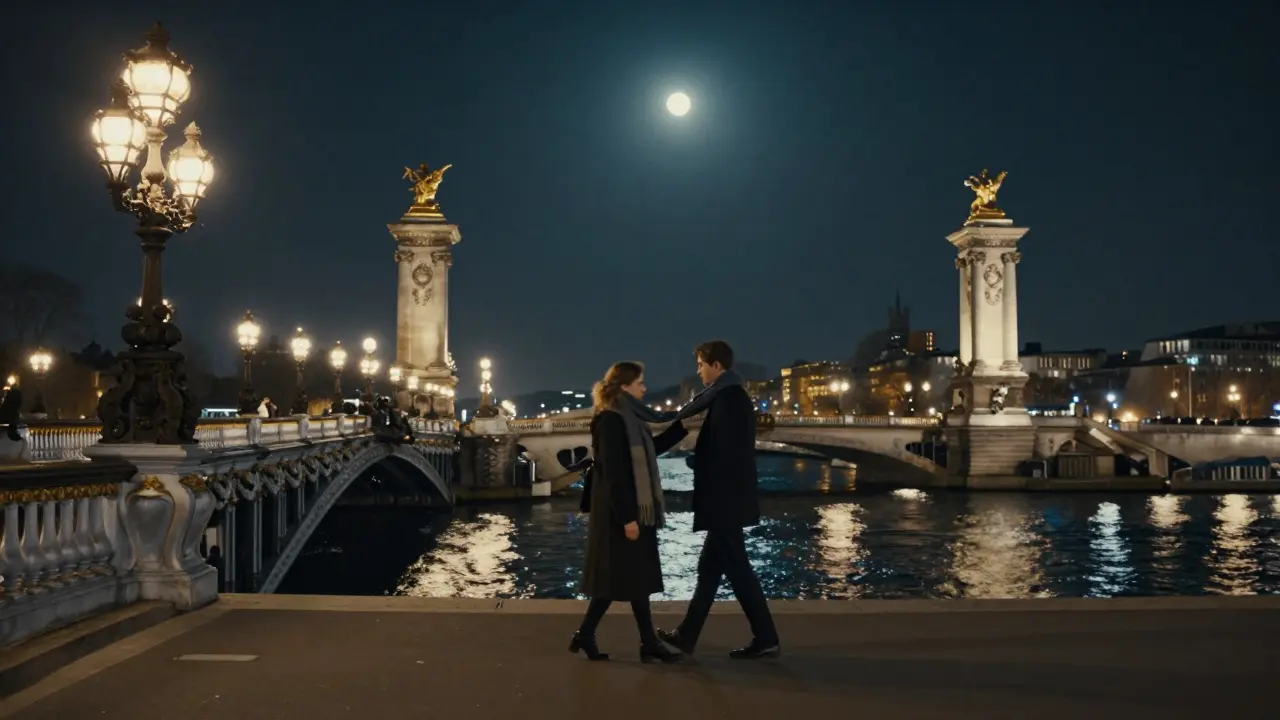 Two people walking silently across Pont Alexandre III at night, golden lights reflecting on the Seine.