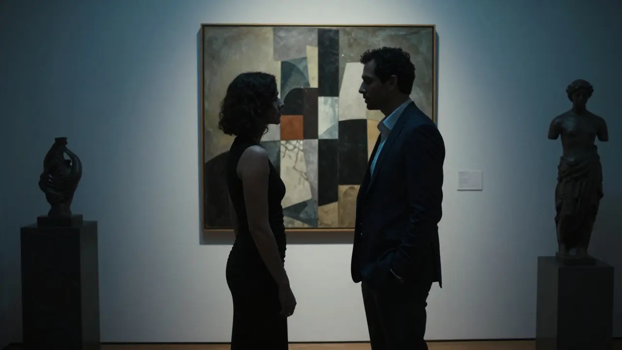 Two silhouetted figures in an art gallery, sharing a silent moment before a contemporary painting, symbolizing refined companionship.