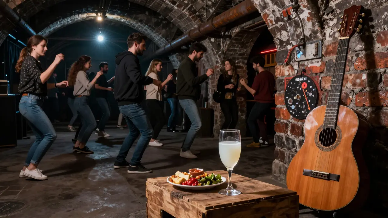 Underground club Arkaoda with dancers in dim light, a glass of raki and traditional bağlama resting nearby.