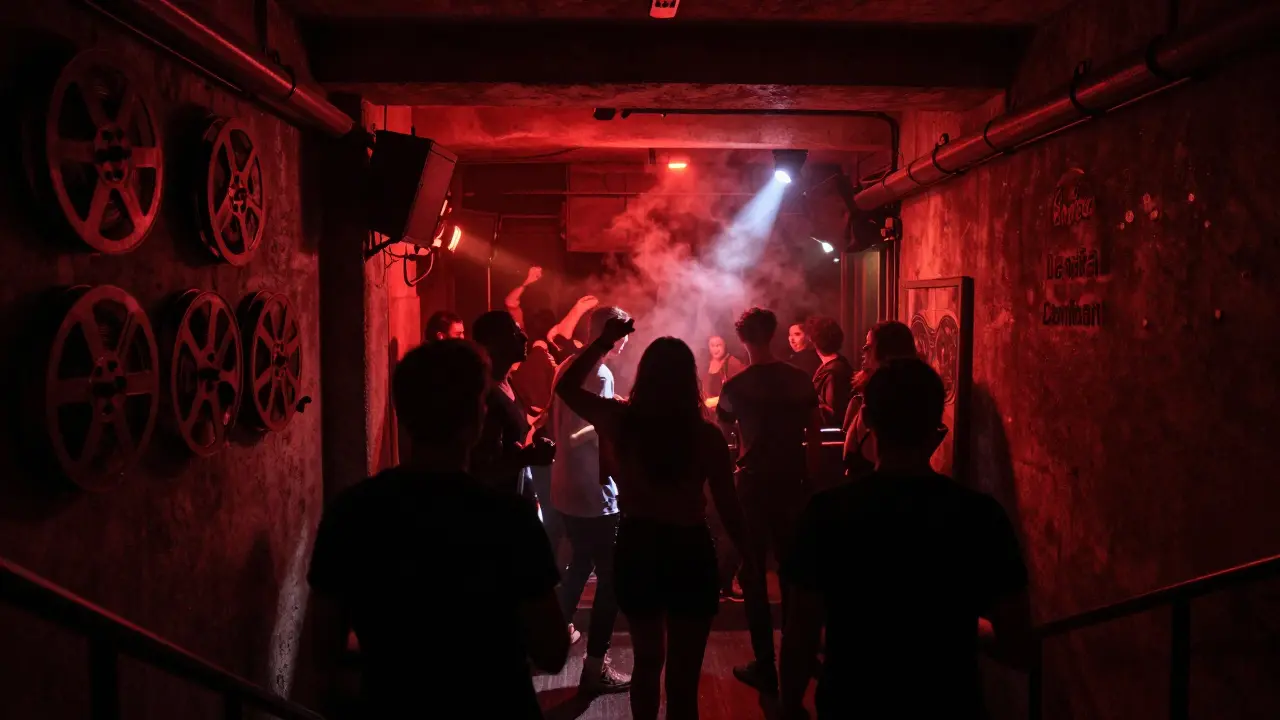 Underground club with dancers in silhouette under red lighting and vintage film reels on the stairs.