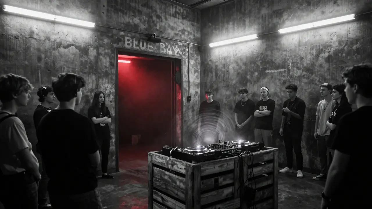 Underground techno club Blue Bay with concrete walls, red entrance light, and bass vibrations in the air.