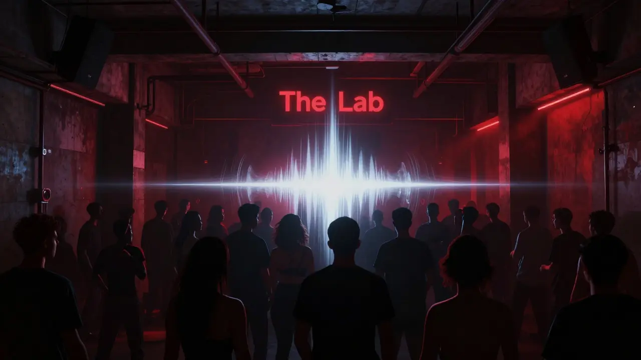 Underground techno club with silent crowd dancing in darkness, illuminated only by pulsing bass vibrations.