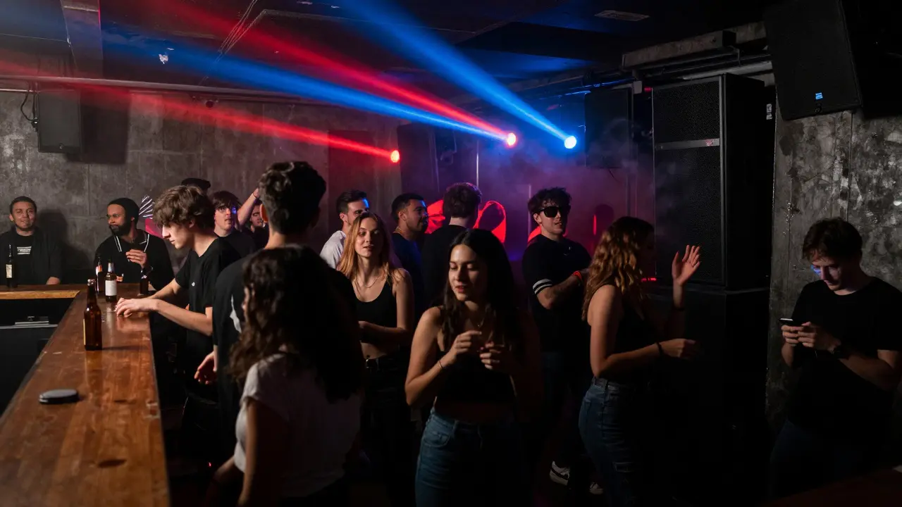 Underground techno party in a dim basement with strobe lights and intense energy.