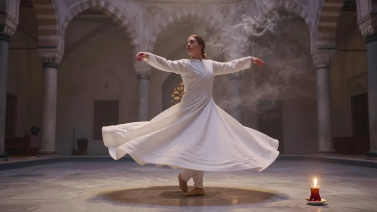 Whirling dervish spinning in quiet, candlelit lodge with soft golden light and swirling smoke.