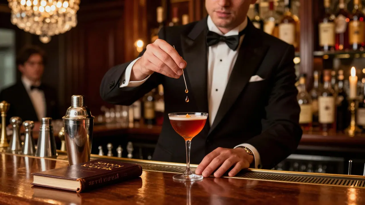 A classic Sidecar being stirred at The Savoy's American Bar, with tuxedoed bartender and antique cocktail book visible.