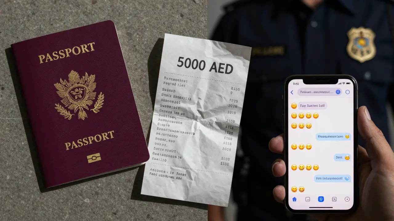 A collection of incriminating items: passport, receipt, phone with suggestive messages, and a police badge in shadow.