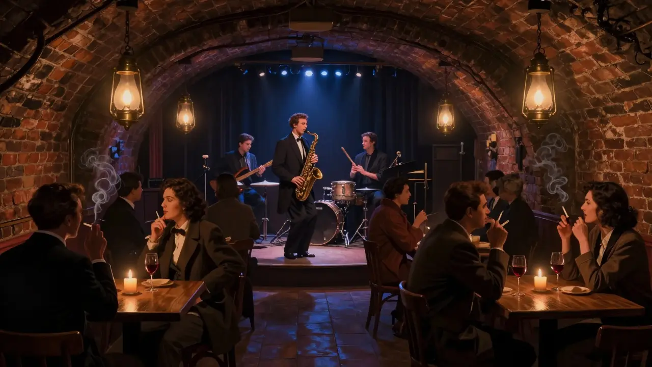 A cozy jazz cellar in Paris with musicians playing swing and patrons swaying in dim candlelight.