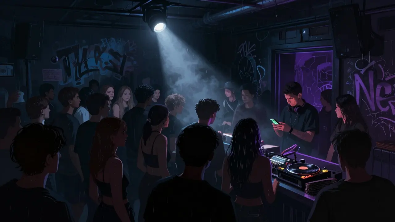 A dark, intimate nightclub in Peckham with a crowd dancing to deep house music under strobe lights.