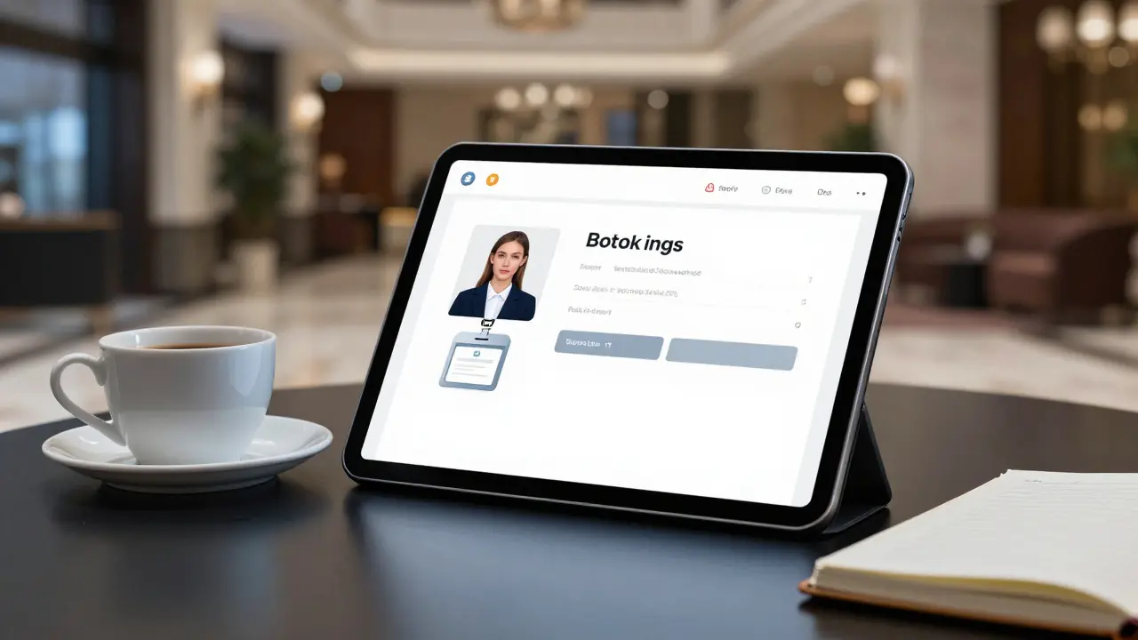 A discreet digital booking interface with a verified companion profile on a tablet.